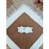 Eterelle Yenidoğan Wool Yün Kumaş Taç Nakışlı Güpür Duvaklı Fiyonk Prizma Taş Unisex Kundak Bebek Battaniyesi Kahverengi