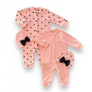 Eterelle 0-3 3-6 6-9 Ay Payetli Şapka Çıtçıt Kapamalı Puantiyeli Ve Düz 2 Li Kombin Kız Bebek Tulumları Somon