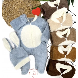 Eterelle 3-6-9-12 Ay Tavşan Kulak Şapkalı Fermuar Kapamalı Patikli Eldivenli Tüylü Erkek Bebek Tulumu Kahverengi