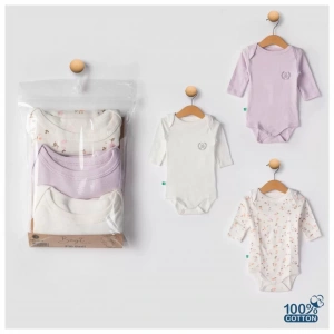 Eterelle 3lü Naturel Çiçekli Bebek Badi Zıbın - Beyaz Lila %100 Pamuk