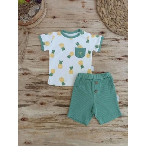 Eterelle 3-6 6-9 9-12 Ay Ananas Baskılı Şort Tişört 2 Li Kız Erkek Bebek Takımı Yeşil