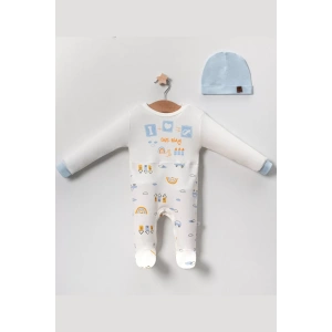 Eterelle Araba Desenli Mavi 2li Şapkalı Erkek Bebek Tulumu