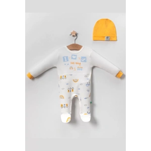 Eterelle Araba Desenli Sarı 2li Şapkalı Erkek Bebek Tulumu