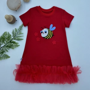 Eterelle 1-2-3 Yaş Arıcık Nakışlı Eteği Fırfırlı Jile Kız Çocuk Elbisesi Kırmızı