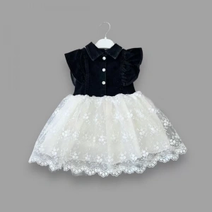 Eterelle 2-3-4 Yaş Astarlı Brode Etekli Kot Kumaş Düğmeli Kız Çocuk Elbisesi Siyah