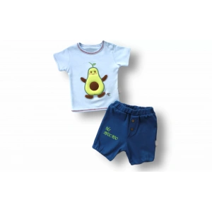 Eterelle 3-6 6-9 9-12 12-18 Ay Avokado Nakışlı Kısa Kollu Sweatli Şortlu 2li Kız-erkek Bebek Takımı Mavi
