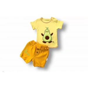 Eterelle 3-6 6-9 9-12 12-18 Ay Avokado Nakışlı Kısa Kollu Sweatli Şortlu 2li Kız-erkek Bebek Takımı Sarı