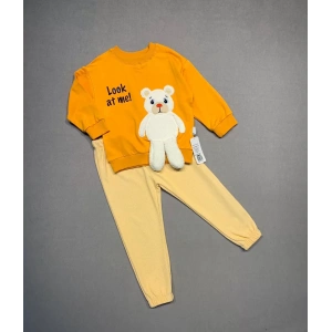 Eterelle 2-3-4 Yaş Ayıcık Sallanan Ayak Desenli Likra Penye Kumaş Sweat Pantolonlu Kız Erkek 2li Çocuk Takımı Turuncu