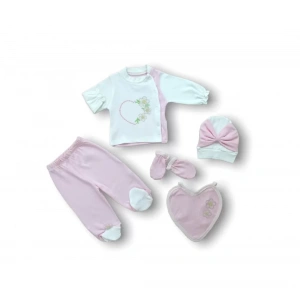 Eterelle Baharın Çiçekli Kalbi Nakışlı  5li Zıbın Takımı Hastane Çıkışı Pembe