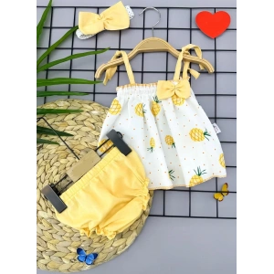 Eterelle 3-6-9-12 Ay Bandajlı Ve Kilotlu Ananas Desenli Askılı 3lü Kız Bebek Elbisesi Sarı