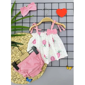 Eterelle 3-6-9-12 Ay Bandajlı Ve Kilotlu Ananas Desenli Askılı 3lü Kız Bebek Elbisesi Pembe