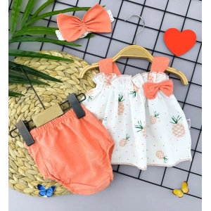 Eterelle 3-6-9-12 Ay Bandajlı Ve Kilotlu Ananas Desenli Askılı 3lü Kız Bebek Elbisesi Turuncu
