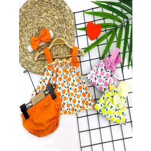 Eterelle 3-6-9-12 Ay Bandajlı Ve Kilotlu Meyve Desenli Askılı 3lü Kız Bebek Elbisesi Turuncu