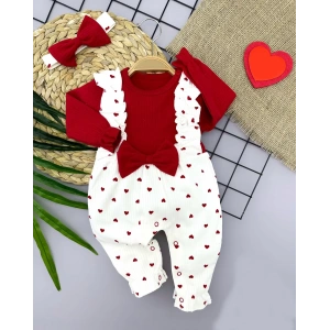Eterelle 3-6-9-12 Ay Bandanalı Fiyonk Detaylı Salopet Görünümlü Kalp Desenli 2li Kız Bebek Tulumu Kırmızı