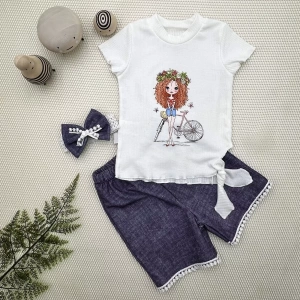 Eterelle 1-2-3 Yaş Bisikletli Kız Baskılı Bandanalı Kot Desenli Şort Kısa Kollu Tişört 3lü Kız Bebek Takımı Lacivert