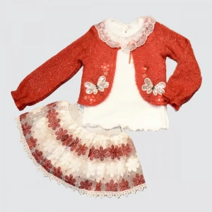 Eterelle 1-2-3 Yaş Brode Etekli Örme Hırkalı Uzun Kollu Sweat 3lü Kız Çocuk Takımı Kırmızı