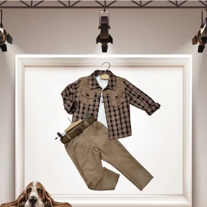 Eterelle 3-4-5 Yaş Cepli Pantolon Ekose Gömlek Uzun Kollu Sweat 3lü Erkek Çocuk Takımı Bej