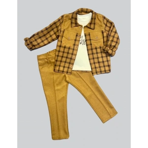 Eterelle 3-4-5 Yaş Cepli Pantolon Ekose Gömlek Uzun Kollu Sweat 3lü Erkek Çocuk Takımı Hardal