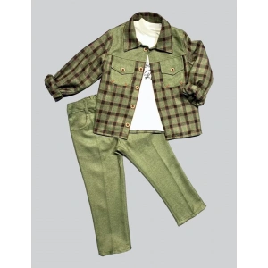 Eterelle 3-4-5 Yaş Cepli Pantolon Ekose Gömlek Uzun Kollu Sweat 3lü Erkek Çocuk Takımı Yeşil