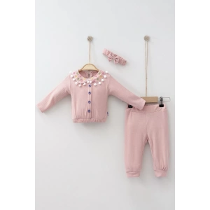 Eterelle Çiçek Nakışlı Düşmeli Bandanalı Kız Bebek Takımı