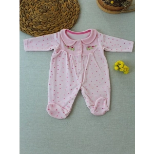 Eterelle 3-6 6-9 9-12 Ay Çiçek Nakışlı Kalp Desenli Kadife Kumaş Kız Bebek Tulumu Pembe