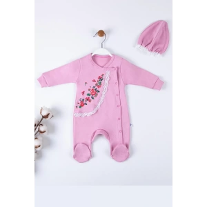 Eterelle Çiçek Nakışlı Şapkalı % 100 Pamuk Kız Bebek Tulumu