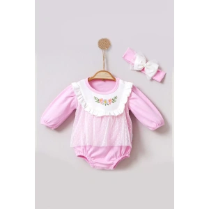 Eterelle Çiçek Nakışlı Tüllü Bandanalı Kız Bebek Romper