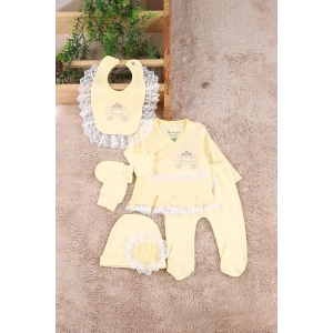 Eterelle Çiçekli Araba Nakışlı Dantelli 5li Kız Bebek Hastane Çıkışı 0-3 Ay