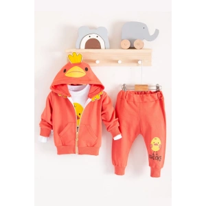 Eterelle Civciv Desenli Kapişonlu 3lü Erkek Bebek Takımı