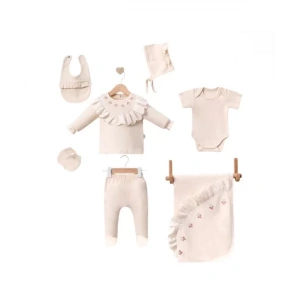 Eterelle Dantel İşlemeli Lale Desenli 7 Parça Hastane Çıkış Seti %100 Pamuk