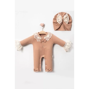 Eterelle Dantel Yaka Detaylı Şapkalı 2li Kız Bebek Tulum