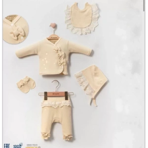 Eterelle Dantelli İşlemeli Kurdaleli 5li Kız Bebek Hastane Çıkışı %100 Pamuk