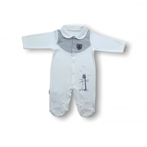 Eterelle 3-6 6-9 Ay Deniz Feneri Nakışlı Patikli Uzun Kollu Erkek Bebek Tulumu Ekru