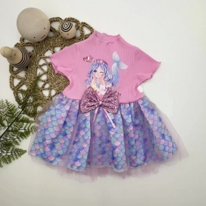 Eterelle 1-2-3 Yaş Denizkızı Baskılı Pul Desen Etekli Kız Bebek Elbisesi Pembe