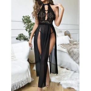 Derin yırtmaçlı büyük beden siyah fantezi gecelik