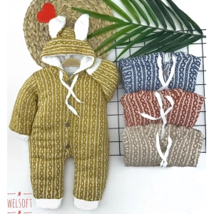 Eterelle 6-9-12-18 Ay Düğme Kapamalı Kulaklı Kapşonlu Triko Kumaş Kız Erkek Bebek Tulumu Kahverengi