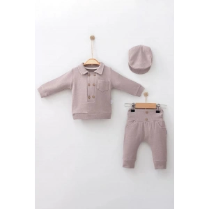 Eterelle Düğmeli Lüx % 100 Pamuk Şapkalı 3lü Erkek Bebek Takım