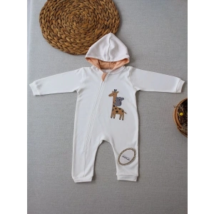 Eterelle 6-9 9-12 Ay Ef Çizgi Boy Fermuarlı Zürafa Nakışlı Kapşonlu Kız Erkek Bebek Tulumu Ekru