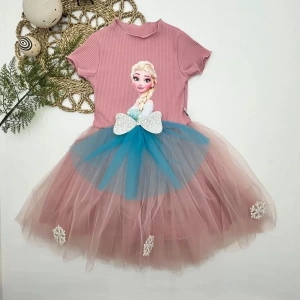 Eterelle 5-6-7 Yaş Elsa Desenli Fiyonklu Tül Etekli Astarlı Kısa Kollu Kız Çocuk Tütü Elbise Gül Kurusu