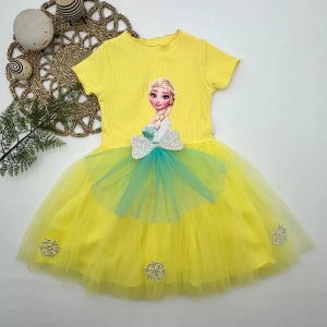 Eterelle 5-6-7 Yaş Elsa Desenli Fiyonklu Tül Etekli Astarlı Kısa Kollu Kız Çocuk Tütü Elbise Sarı