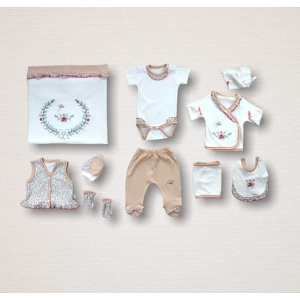 Eterelle Erguvan Taç Nakışlı  Kız Bebek 10lu Zıbın Takımı Hastane Çıkışı Nar Çiçeği