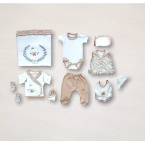 Eterelle Erguvan Taç Nakışlı  Kız Bebek 10lu Zıbın Takımı Hastane Çıkışı Turuncu