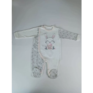 Eterelle 0-3 3-6 Ay Minik Tavşan Nakışlı Boydan Çıtçıt Kapamalı Kız Erkek Bebek Tulumu Ekru
