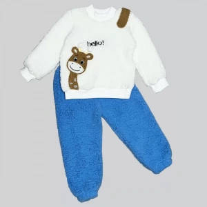 Eterelle 1-2-3 Yaş Hello Zürafa Nakışlı Kuzu Kumaş Sweat Pantolon Uzun Kollu Kız Erkek 2 Li Takımı Saks Mavisi