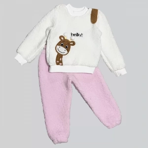 Eterelle 1-2-3 Yaş Hello Zürafa Nakışlı Kuzu Kumaş Sweat Pantolon Uzun Kollu Kız Erkek 2 Li Takımı Pembe