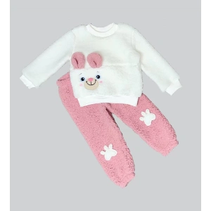 Eterelle 1-2-3 Yaş Kulaklı Patili Ayıcık Kuzu Kumaş Sweat Patili Pantolon Uzun Kollu Kız Erkek 2 Li Takımı Gül Kurusu