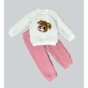 Eterelle 1-2-3 Yaş Mutlu Köpekcik Nakışlı Kuzu Kumaş Sweat Patili Pantolon Uzun Kollu Kız Erkek 2 Li Takımı Gül Kurusu