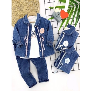 Eterelle 2-3-4-5 Yaş Düğme Kapamalı Kot Ceket 3lü Kız Çocuk Takımı Mavi