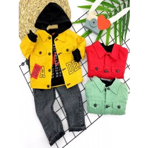 Eterelle 2-3-4-5 Yaş Pantolonlu Sweat Gabardin Ceket Cepli Kot Pantolon 3lü Erkek Bebek Takımı Kırmızı