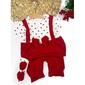 Eterelle 3-6-9-12 Ay Bandanalı Piti Kalp Baskılı Salopet Görünümlü 2li Kız Bebek Takımı